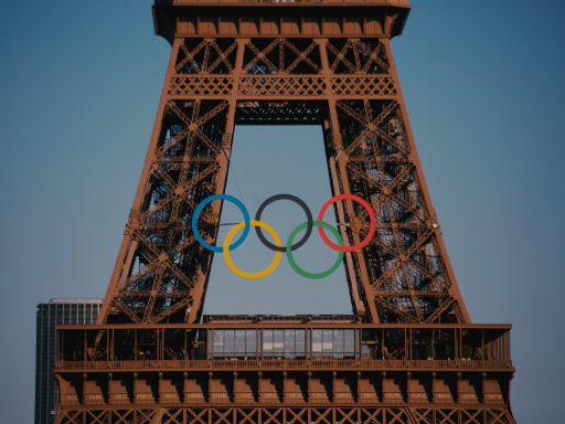 The eiffel tower with the olympic rings in front of it